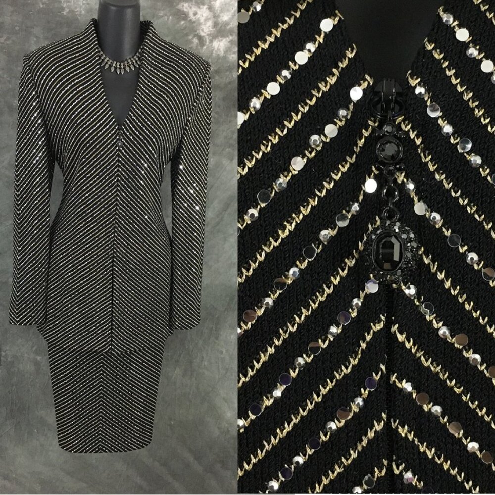 BEAUTIFUL St John evening knit black Gold rhinestones embellished skirt suit 4 6